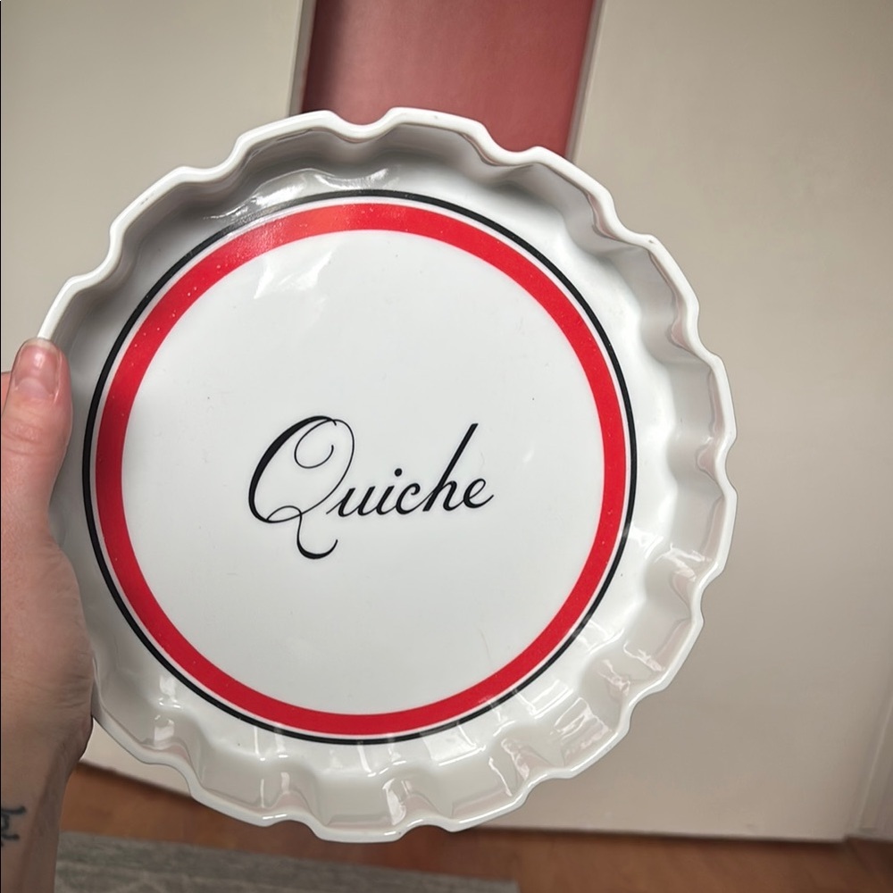 Vintage 1970s Bon Appetit White and Red Quiche Dish / Ceramic Pie Dish
